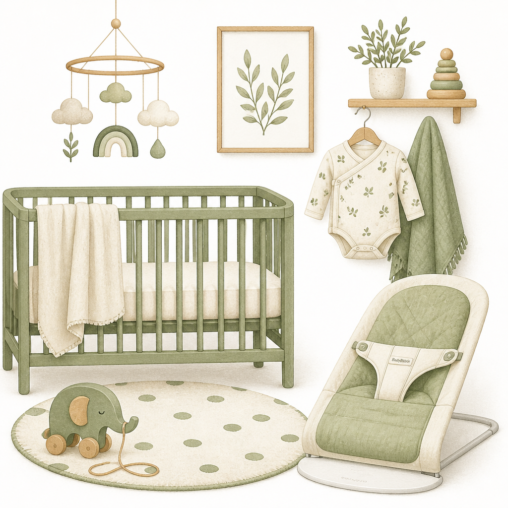 Calm sage-green nursery with crib, mobile, baby lounger and soft accents